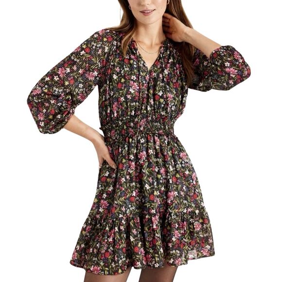 NWT Old Navy Women's Long Sleeve Floral Boho Mini Dress M Tall Black Metallic - Picture 14 of 15